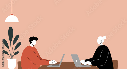 Faceless colleagues collaborate on laptops in a modern setting Business remote work technology