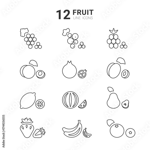 This collection showcases twelve line icons representing different fruits. Each icon displays a unique fruit including grapes, pomegranates, lemons, and strawberries, all in a minimalist style.