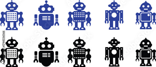Retro robot icon set in black and blue flat style vector Group and collection of vintage androids, droids, bots, cyborgs, mechanical machines and humanoid robots.