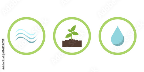 Visual elements depict essential concepts of environmental conservation such as air quality, plant growth, and water preservation.
