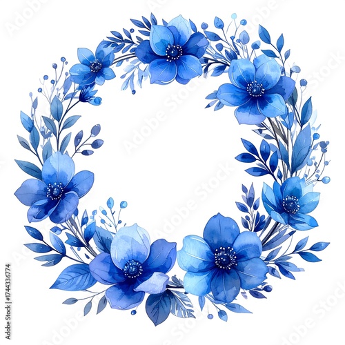 Circular floral wreath of deep blue flowers and leaves