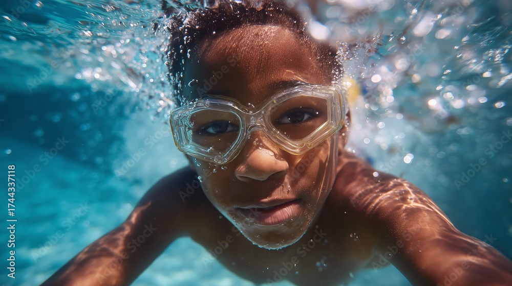Fototapeta premium Child swims underwater in clear pool water wearing goggles on a sunny day