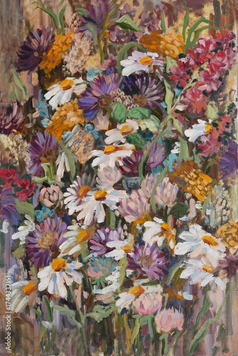 Flowers in the meadow, oil painting, modern, impressionism.