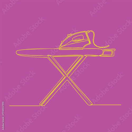 Minimalist neon outline of an iron resting on an ironing board against a vibrant purple