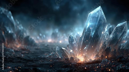 Majestic Light Blue Crystal Landscape Under a Dark Moody Sky Background