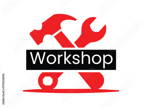 A workshop logo featuring a hammer and wrench isolated on white background