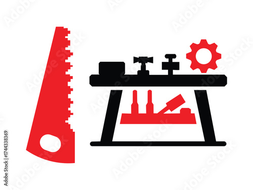 Workshop logo featuring woodworking equipment isolated on white background. This logo represents a woodworking workshop, showcasing various tools and equipment used in the craft.