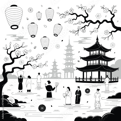 Asian Lantern Festival in Black and White — Minimalist Vector with Pagodas, Lanterns, and Cherry Blossoms