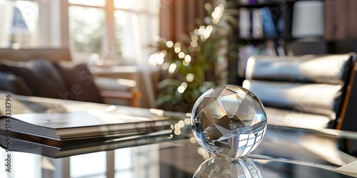 Elegant crystal orb on a polished desk in a sunlit executive office