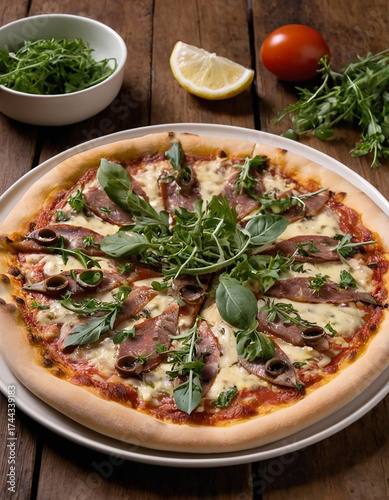 A pizza Napoli with anchovies, capers, tomato sauce, and oregano