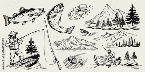 Vintage style fishing scene with trout mountains trees and fishermen in boats