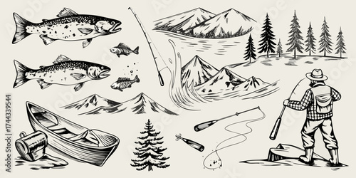 Hand drawn sketch of a fisherman casting a line with mountains trees fish and a canoe in a scenic outdoor landscape