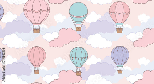Floating hot air balloons over cotton-candy clouds, dreamy and whimsical, vector pattern with soft pastel palette and clean outlines
