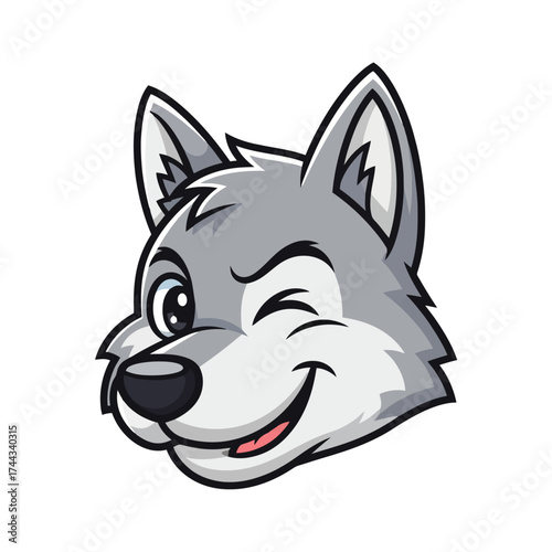 Side profile of a winking wolf mascot head isolated on white background