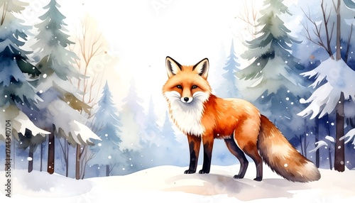 Watercolor fox in a snowy forest scene