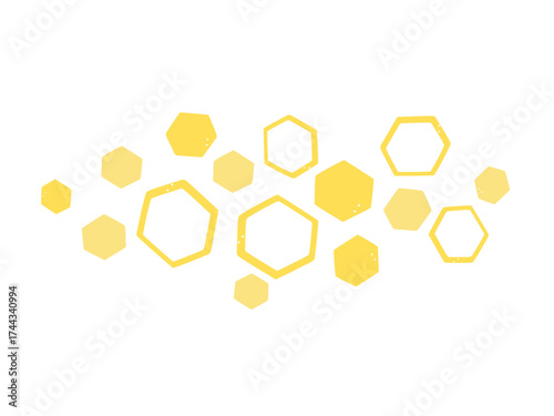 Honeycomb hexagon cluster in warm yellow, hand drawn cells and outlines on white, minimalist bee inspired shapes for backgrounds, packaging, labels, stickers, and sweet natural branding.