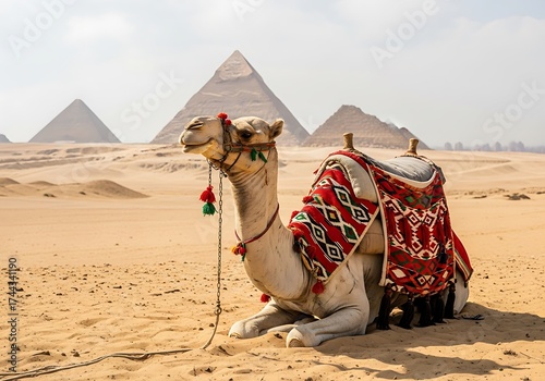 A camel adorned with a colorful saddle and decorations rests in the desert sand with the iconic pyramids of giza in the background under a clear sky