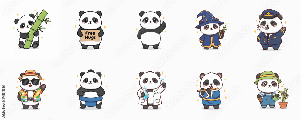 Obraz premium Collection of adorable cartoon pandas in various professions and poses