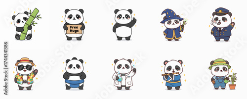 Collection of adorable cartoon pandas in various professions and poses