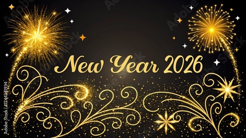 New Year 2026 Golden Glitter Sparkle on Black Background
