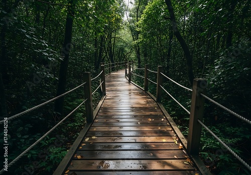 Wooden boardwalk path through a lush green forest with sunlight filtering through the trees, creating a serene and inviting natural scene