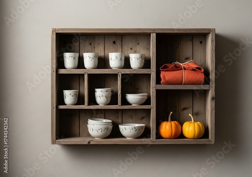 Rustic wooden shelf filled with decorative ceramic cups, bowls, and autumn pumpkins, evoking a cozy farmhouse aesthetic