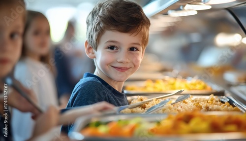 A smiling elementary school aged boy selects his lunch from a buffet style serving line with other children.