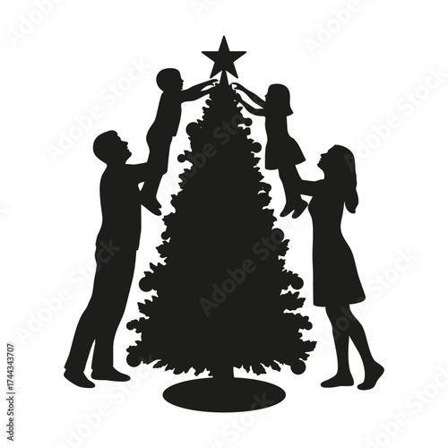 Family Placing Star on Christmas Tree Silhouette Illustration