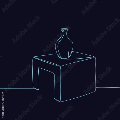 Minimalist neon line drawing of a vase placed on a simple cube-shaped table against a dark