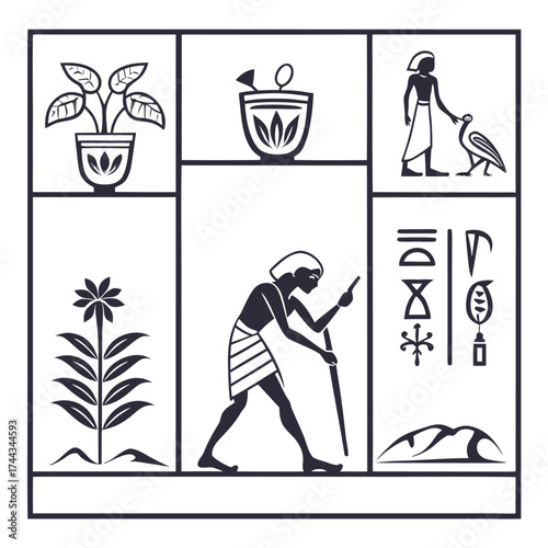 Ancient egyptian hieroglyphs and figures depicting daily life and agriculture in a stylized panel design