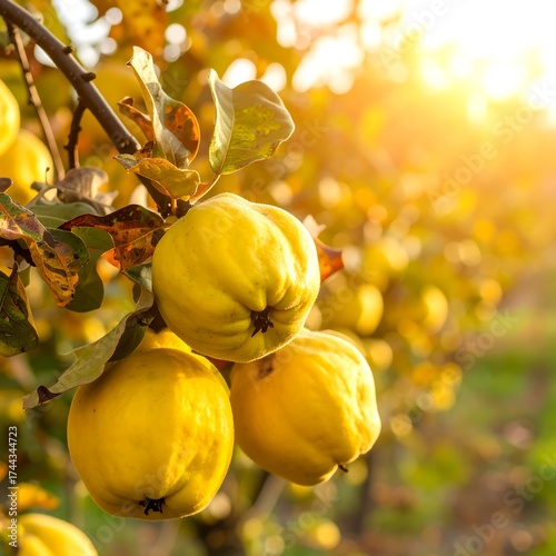 Golden quinces on a tree branch, bathed in sunlight
