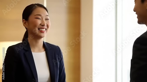 Professional Asian businesswoman smiling and shaking hands with a male colleague in a modern office setting.