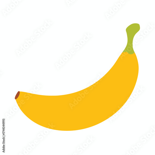 Bright yellow banana with a green stem isolated on white background
