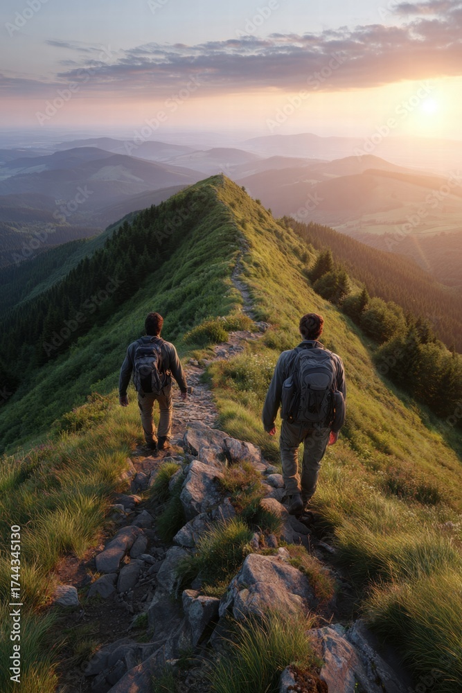 Obraz premium Two hikers reach a mountain at sunset