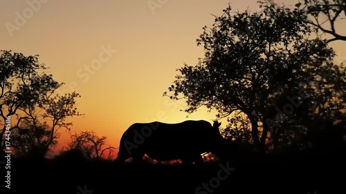 Rhino Silhouette Against a Vibrant African Sunset in the Wilderness.