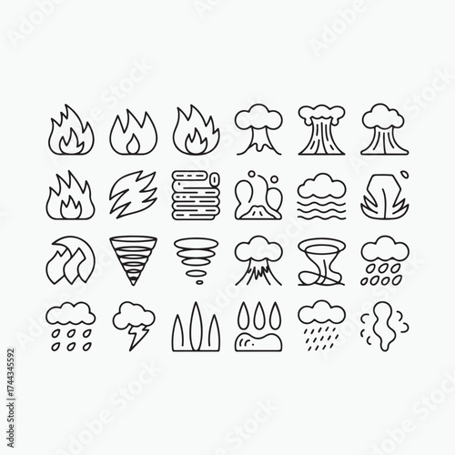 Collection of hand drawn weather and natural disaster icons representing storms fire and destruction