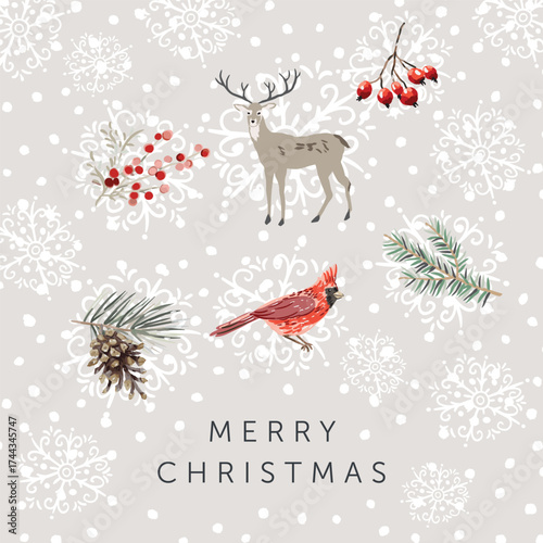 Christmas greeting card with deer, cardinal bird, text, beige background. Green fir twigs, cone, red berries, snow. Vector illustration. Forest nature. Poster design template. Winter Xmas holidays