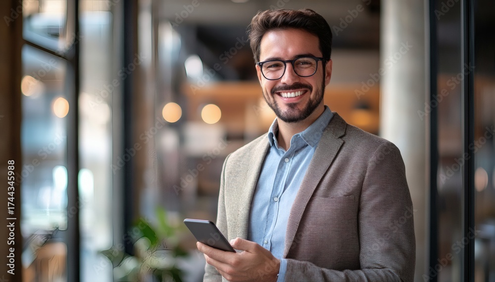Fototapeta premium A man in a gray blazer and glasses holds a smartphone while smiling at the camera in a modern office setting.