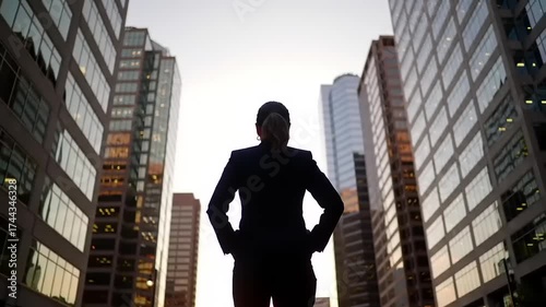 Silhouette of a confident businesswoman standing tall amidst towering city skyscrapers.