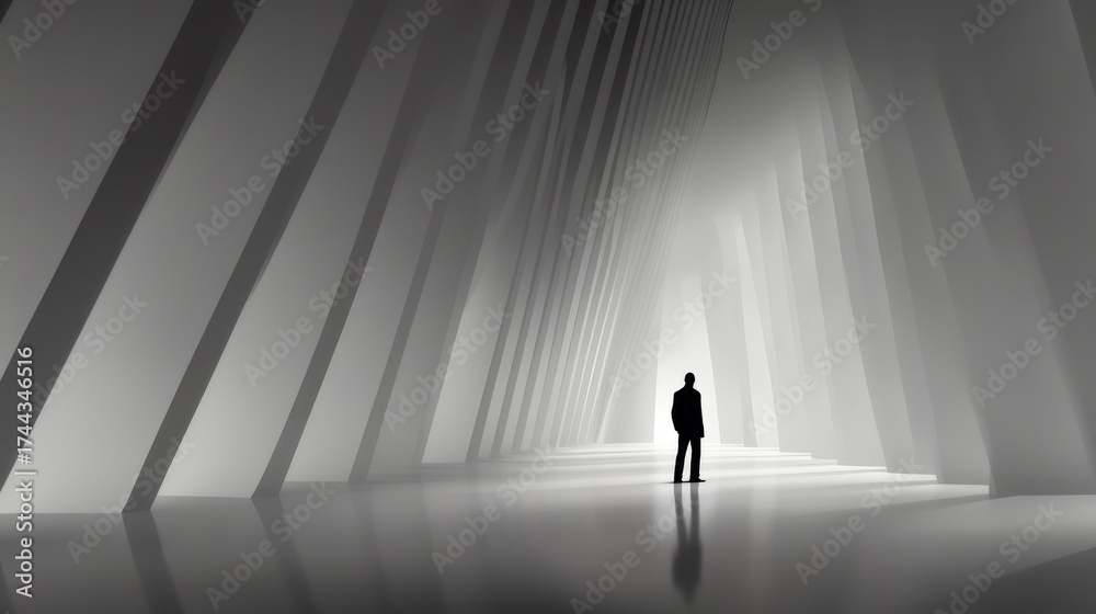 Obraz premium A lone businessman stands in a vast, minimalist white hall, contemplating his future