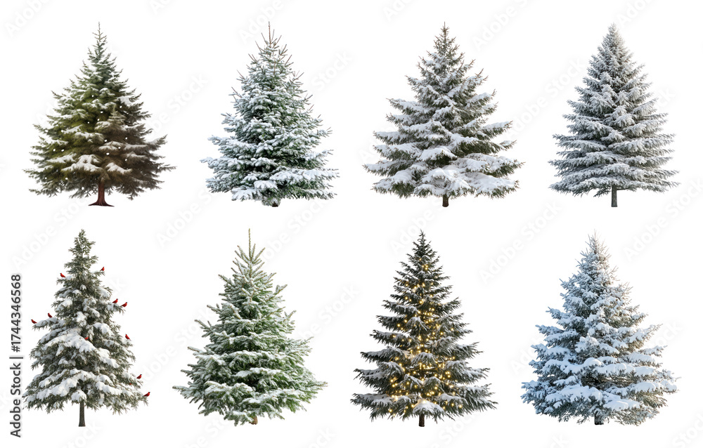 Obraz premium PNG Snow-covered evergreen trees collection, element set on transparent background