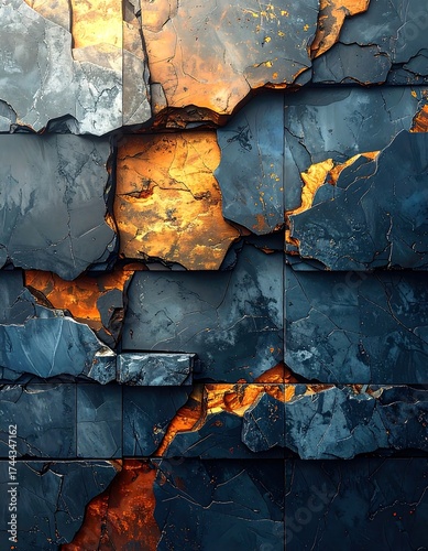Abstract fractured stone wall, dark blue and orange