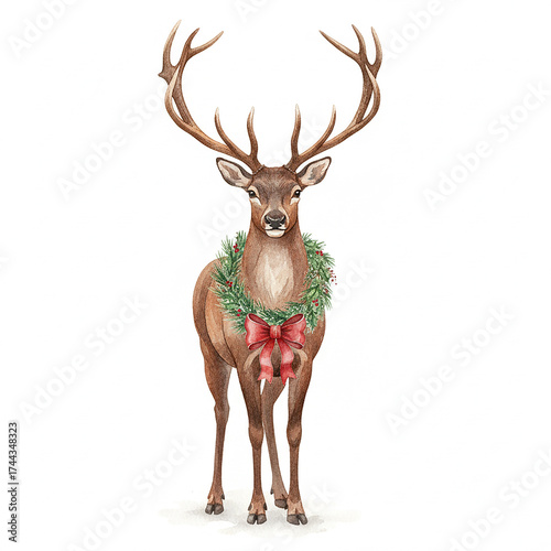 Christmas reindeer with red ribbon isolated, Christmas, Stag, Antlers, Reindeer Isolated Image.
