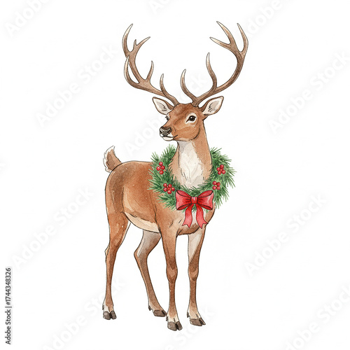 Christmas reindeer with red ribbon isolated, Christmas, Stag, Antlers, Reindeer Isolated Image.