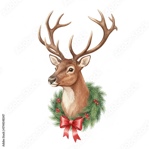 Christmas reindeer with red ribbon isolated, Christmas, Stag, Antlers, Reindeer Isolated Image.