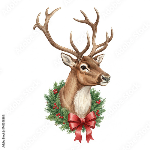 Christmas reindeer with red ribbon isolated, Christmas, Stag, Antlers, Reindeer Isolated Image.
