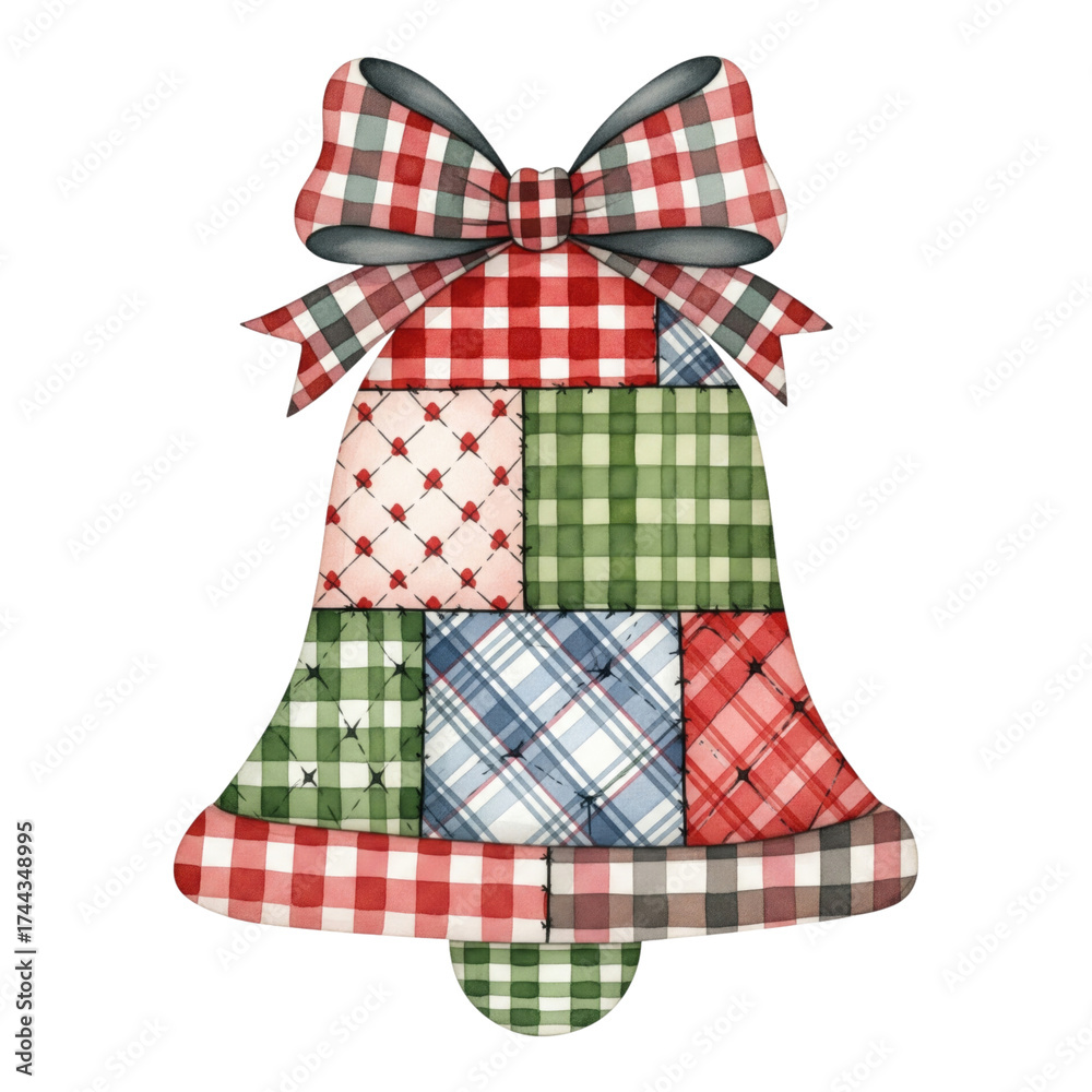 Obraz premium Colorful patchwork bell design with festive patterns and a decorative bow.