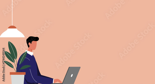 Man working on laptop in a minimalist home office setting Focus productivity remote work concept