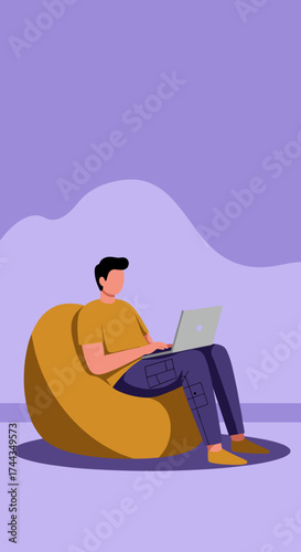 Young man working on laptop in bean bag chair remote work casual comfort digital lifestyle