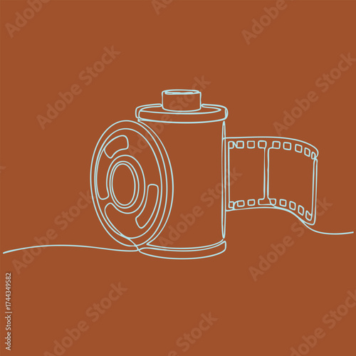 Continuous film reel with spool and strip of film unwinding against a solid , representing filmmaking or production concepts